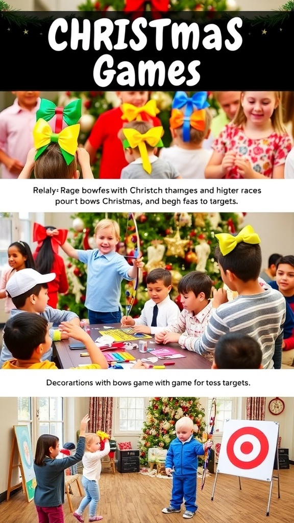 Participants enjoying Christmas games with bows, including a relay race and decoration contest, in a festive setting.